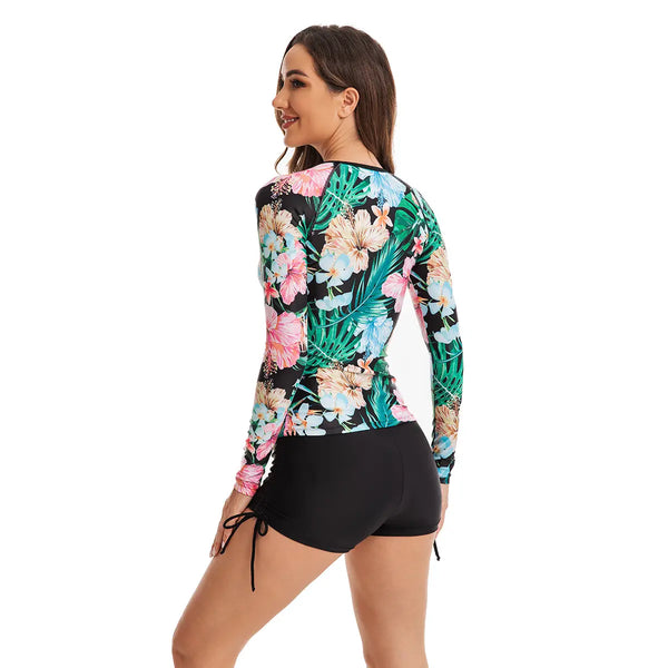 Couleurs Lagon - Veste et Boxer Shorty Push-Up Lycra Rashguard Manche Longue floral HIBISCUS - dos