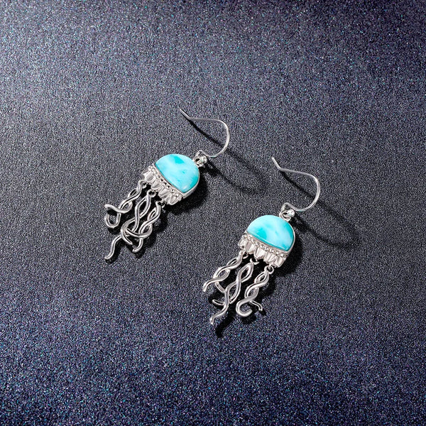 sur fond noir - Boucle d'Oreille Méduse Argent Massif & Larimar Naturelle - Couleurs Lagon