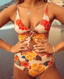 gros plan avant - Monokini Push-Up V Plongeant Dos Nu Criss-Cross Floral Orange - Couleurs Lagon