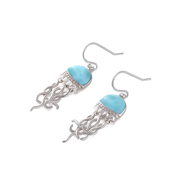 sur fond blanc - Boucle d'Oreille Méduse Argent Massif & Larimar Naturelle - Couleurs Lagon