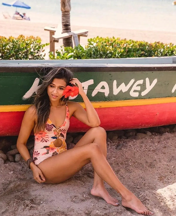 assise hibiscus - Monokini Push-Up V Plongeant Dos Nu Criss-Cross Floral Orange - Couleurs Lagon