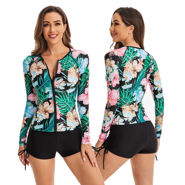 Couleurs Lagon - Veste et Boxer Shorty Push-Up Lycra Rashguard Manche Longue floral HIBISCUS - devant et dos
