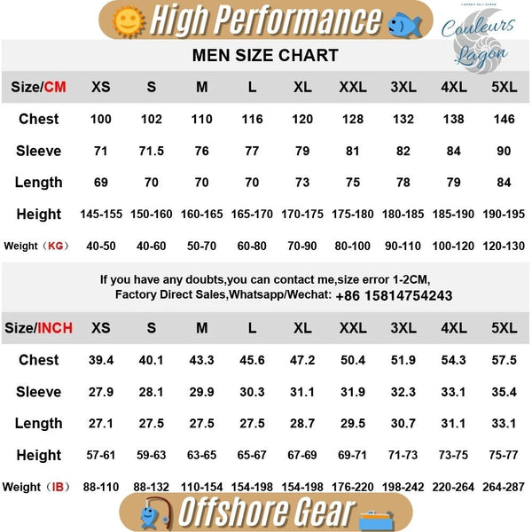 Guide des tailles rashguard homme UPF50+ XXS à 6XL — Couleurs Lagon