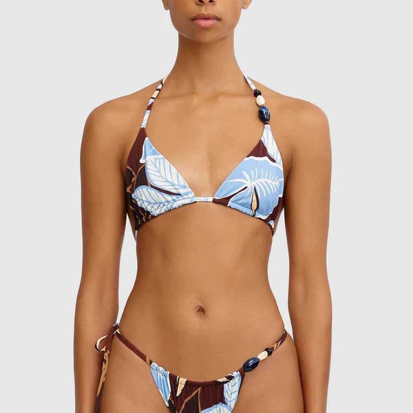 avant plan serre - Bikini Brésilien Floral Bleu Marron – Maillot de Bain Sexy et Confortable - Couleurs Lagon