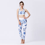 Tenue de yoga femme Couleurs Lagon - motif géométrique palmier bleu blanc