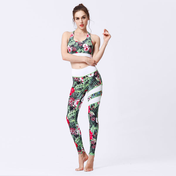 Tenue de yoga femme Couleurs Lagon - motif floral vert