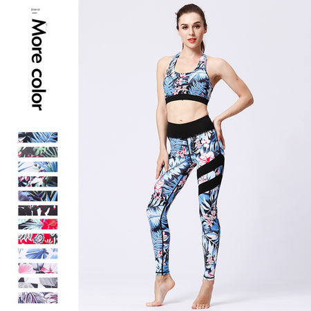 floral bleu nuit palmier et hibiiscus - Ensemble de Yoga Femme | Pantalon et Brassière Sportive Séchage Rapide Couleurs Lagon