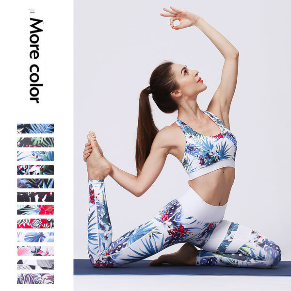 Tenue de yoga femme Couleurs Lagon - motif floral blanc