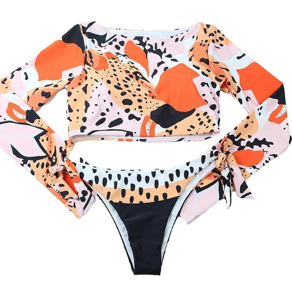 avant a plat - FIDJI Leopard – Bikini CropTop Rashguard 2 pièces manches longues - Couleurs Lagon
