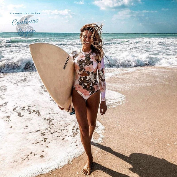plan large avant surf - Combi Surf Manche Longue Push-Up Rashguard Tangua ROSE FLORAL - Couleurs Lagon