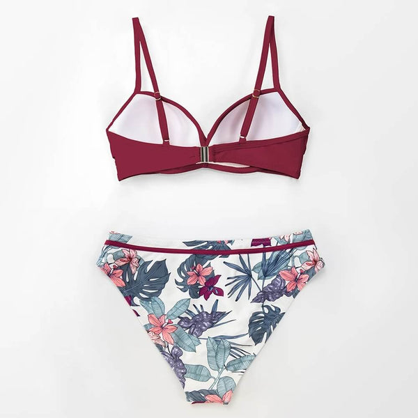 dos à plat - Bikini Push Up Floral Croisé Bordeau - Couleurs Lagon
