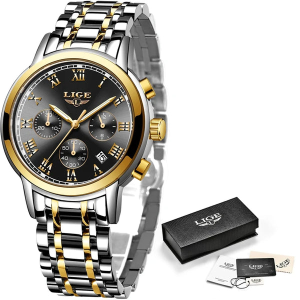 acier cadran noir lieret or - Montre Femme Luxe Chronographe LIGE AVIATOR - Couleurs Lagon