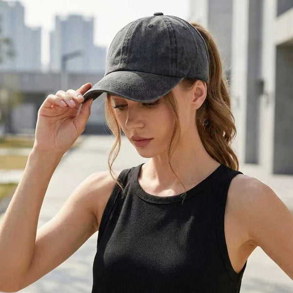 noir 3 - Casquette Queue de Cheval Coupe Large — Coton Lavé Ajustable