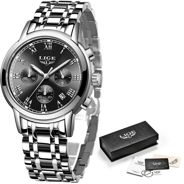acier cadran noir - Montre Femme Luxe Chronographe LIGE AVIATOR - Couleurs Lagon