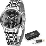 acier cadran noir - Montre Femme Luxe Chronographe LIGE AVIATOR - Couleurs Lagon