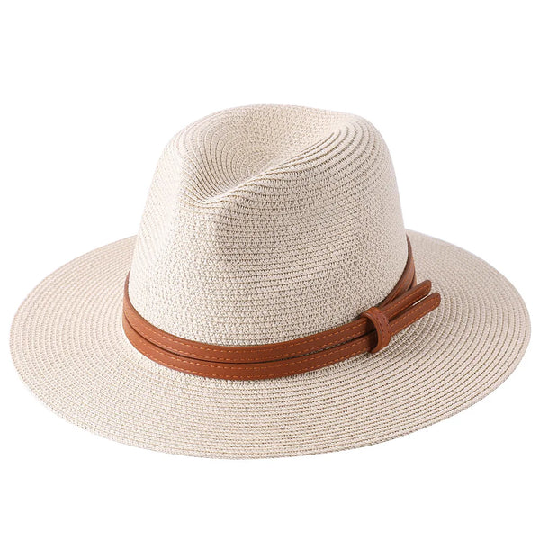 beige et cuir - Chapeau Panama Court Homme Femme – Paille Naturelle UPF50+
