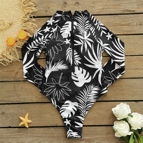 zip au dos - Combi Surf Manches Longues Push-Up Zip Dos Palmier NOIR ET BLANC - Couleurs Lagon