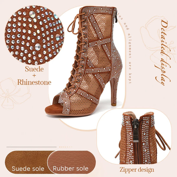 finition nubuck et strass - Chaussures de Danse Latine à Talons Hauts – Modèle LUNA II Strass Styletto Beige - Couleurs Lagon