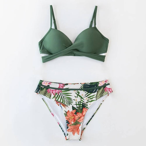 avant à plat - Bikini Push Up Floral Croisé Vert - Couleurs Lagon