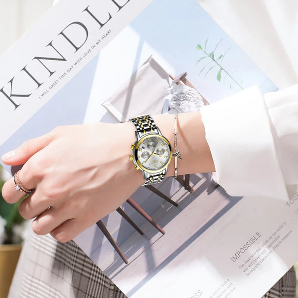 acier liseret or 3 - Montre Femme Luxe Chronographe LIGE AVIATOR - Couleurs Lagon