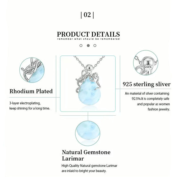 Pendentif Poulpe Argent s925 et Larimar - Couleurs Lagon - details
