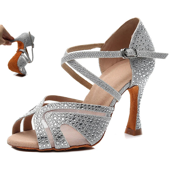 argent - Chaussures de Danse Femme Strass Argent Noir | Couleurs Lagon