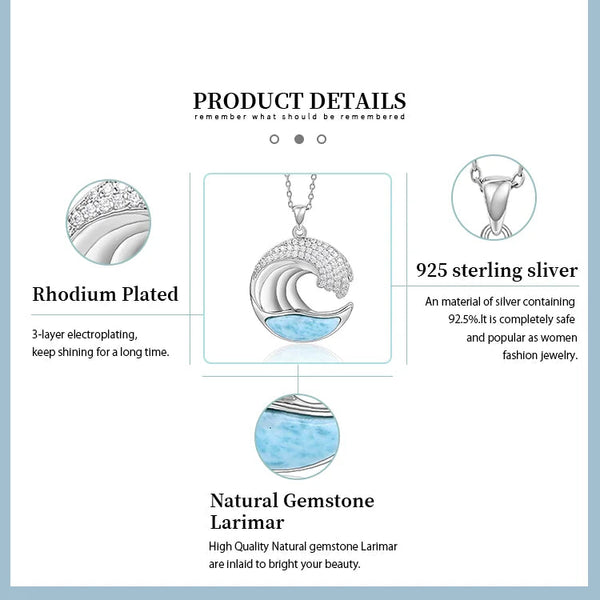 details - Pendentif Vague Larimar naturelle et Argent 925 - Couleurs Lagon