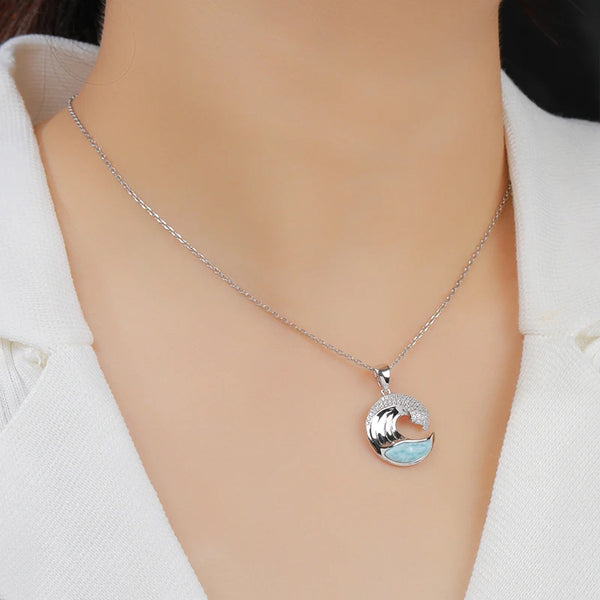 presentation - Pendentif Vague Larimar naturelle et Argent 925 - Couleurs Lagon