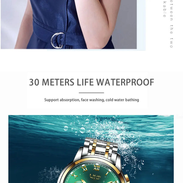 30m waterproof - Montre Femme Luxe Chronographe LIGE AVIATOR - Couleurs Lagon