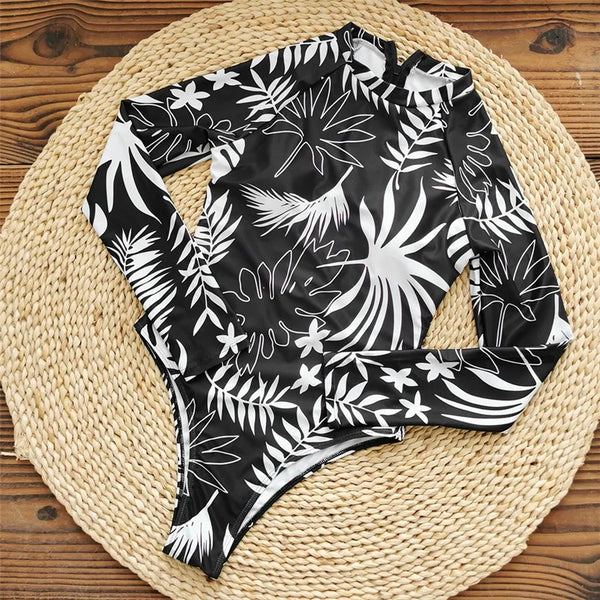 à plat avant - Combi Surf Manches Longues Push-Up Zip Dos Palmier NOIR ET BLANC - Couleurs Lagon