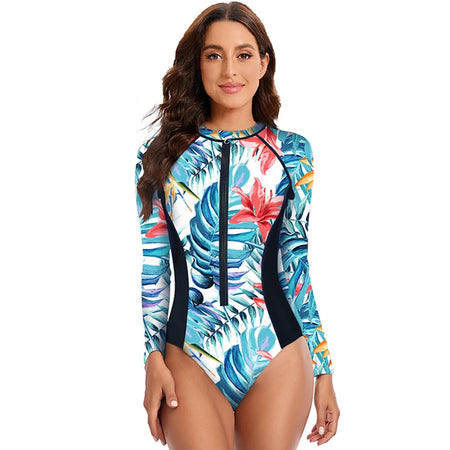 avant - Couleurs Lagon - Combi Surf Manches Longues Push-Up Zip Avant Floral Palmier BLEU HIBISCUS