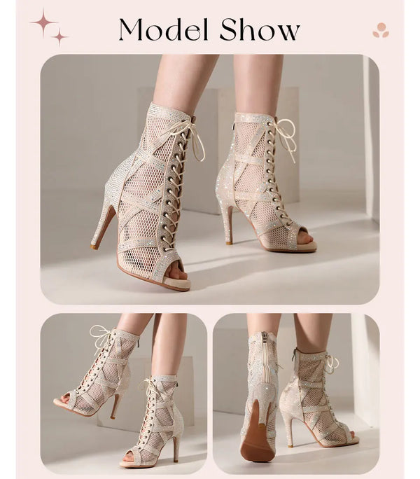 beige show - Chaussures de Danse Latine à Talons Hauts – Modèle LUNA II Strass Styletto Beige - Couleurs Lagon