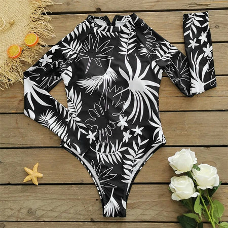 avant - Combi Surf Manches Longues Push-Up Zip Dos Palmier NOIR ET BLANC - Couleurs Lagon