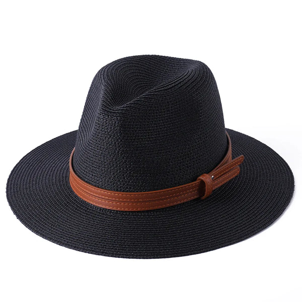 noir et cuir - Chapeau Panama Court Homme Femme – Paille Naturelle UPF50+