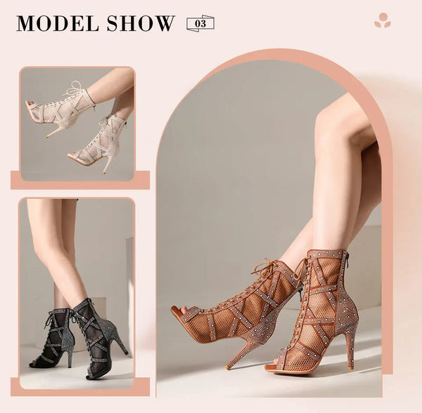 modele show - Chaussures de Danse Latine à Talons Hauts – Modèle LUNA II Strass Styletto Marron - Couleurs Lagon