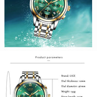 caracteristiques - Montre Femme Luxe Chronographe LIGE AVIATOR - Couleurs Lagon