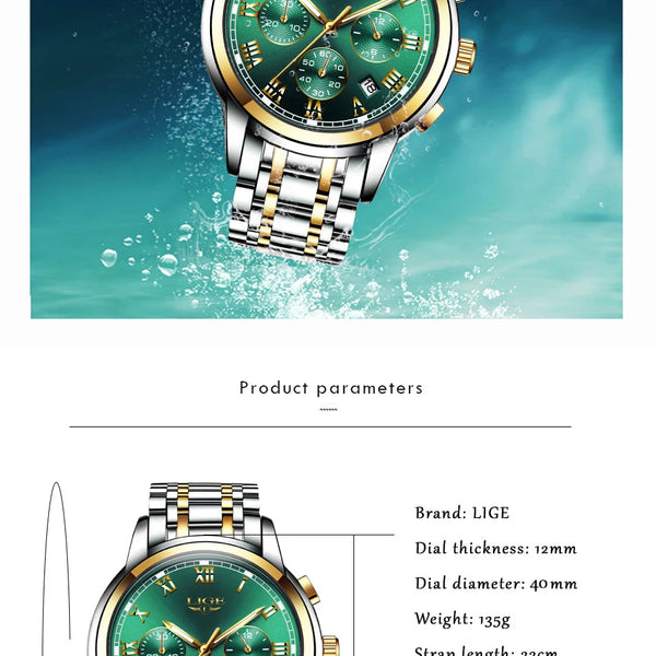 caracteristiques - Montre Femme Luxe Chronographe LIGE AVIATOR - Couleurs Lagon