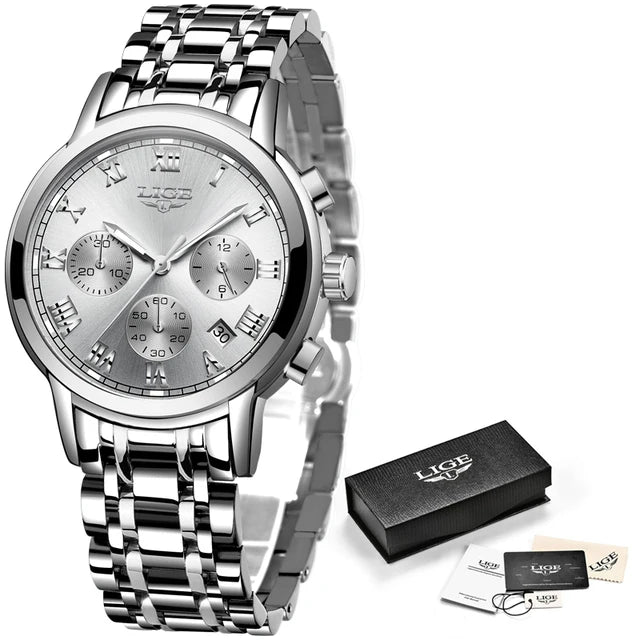 tout acier - Montre Femme Luxe Chronographe LIGE AVIATOR - Couleurs Lagon