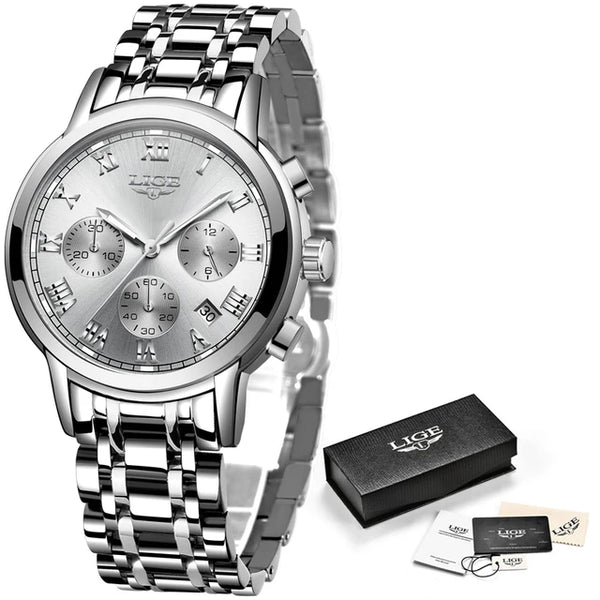 tout acier - Montre Femme Luxe Chronographe LIGE AVIATOR - Couleurs Lagon