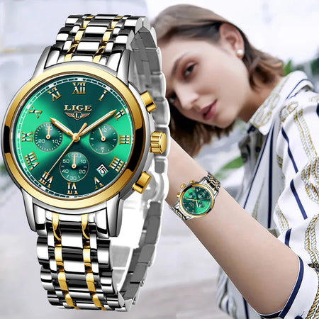 presentation - Montre Femme Luxe Chronographe LIGE AVIATOR - Couleurs Lagon