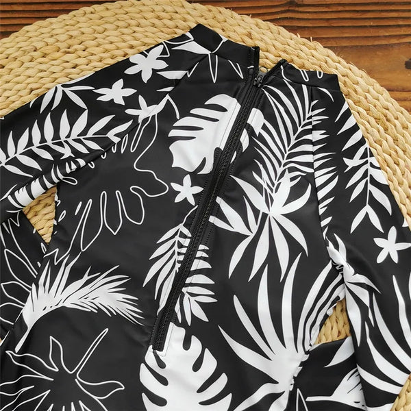 détail zip au dos - Combi Surf Manches Longues Push-Up Zip Dos Palmier NOIR ET BLANC - Couleurs Lagon