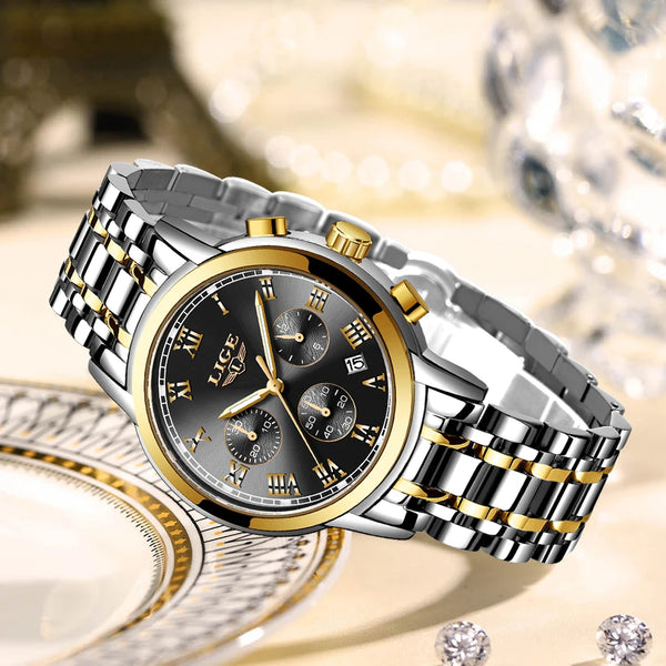 acier cadran noir liseret or - Montre Femme Luxe Chronographe LIGE AVIATOR - Couleurs Lagon