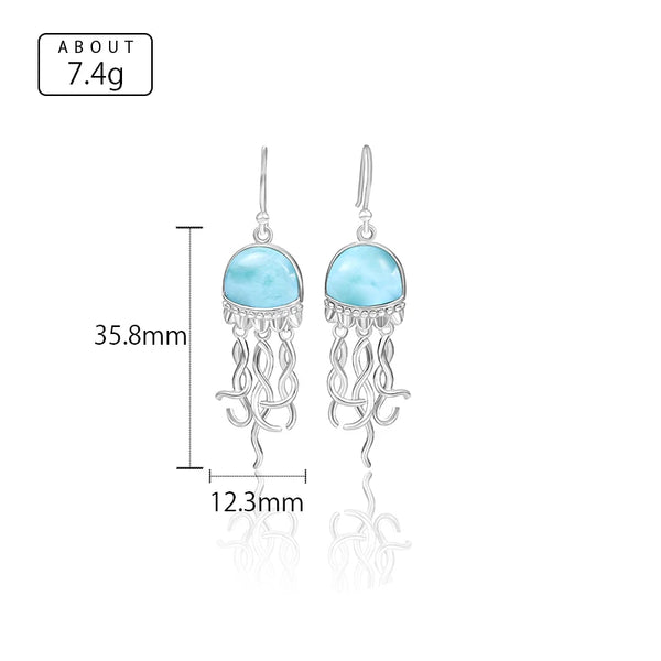 tailles et poids - Boucle d'Oreille Méduse Argent Massif & Larimar Naturelle - Couleurs Lagon