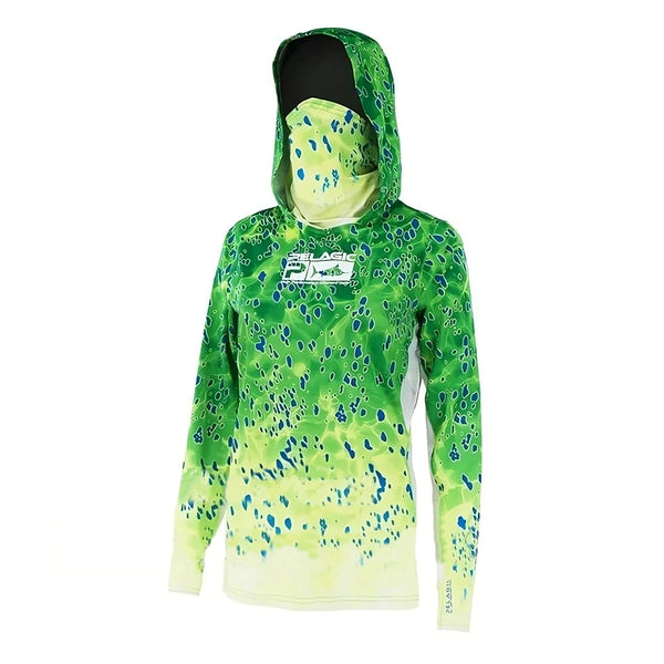 Jaune Vert Coryphène cc - Couleurs Lagon - Chemise de Pêche Respirante Lycra Manches Longues UV50+ PELAGIC Capuche Femmes