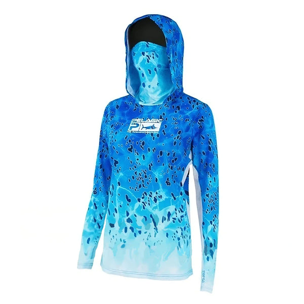 Bleu Camo Pelagic cc - Couleurs Lagon - Chemise de Pêche Respirante Lycra Manches Longues UV50+ PELAGIC Capuche Femmes