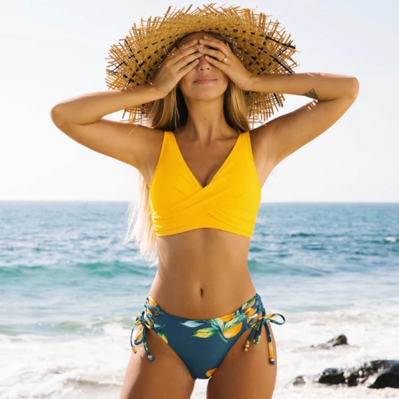 Couleurs Lagon - Sexy Bikini Push-Up Croisé Floral Jaune Citron Tangua Taille Haute