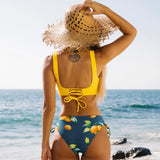 Couleurs Lagon - Bikini Taille Haute Push-Up Fleuri Jaune Citron Tangua, vue détail