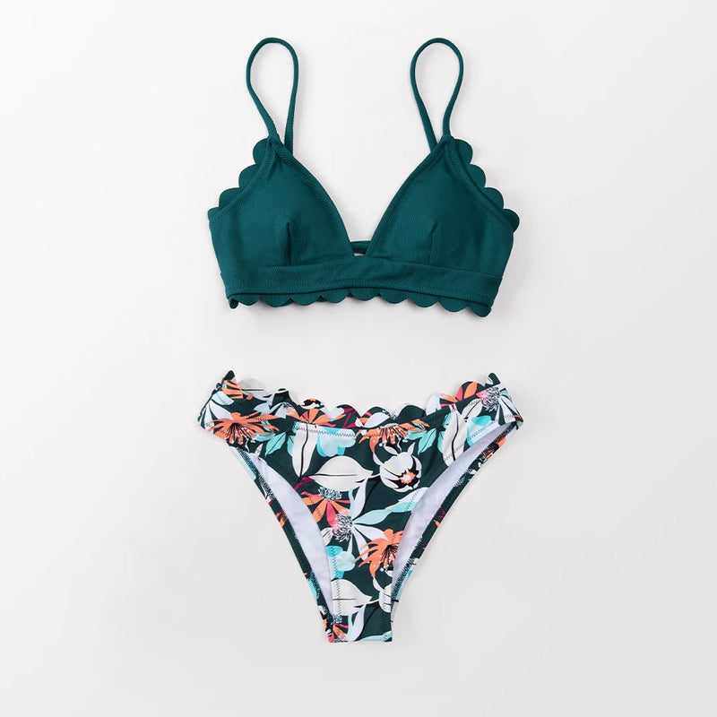 Couleurs Lagon - Sexy Bikini Push-Up Festonné Floral Tangua Taille Haute