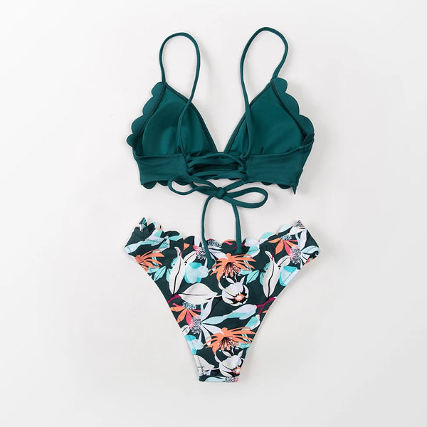 Couleurs Lagon - Sexy Bikini Push-Up Festonné Floral Tangua Taille Haute