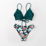 Couleurs Lagon - Sexy Bikini Push-Up Festonné Floral Tangua Taille Haute